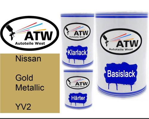 Nissan, Gold Metallic, YV2: 500ml Lackdose + 500ml Klarlack + 250ml Härter - Set, von ATW Autoteile West.